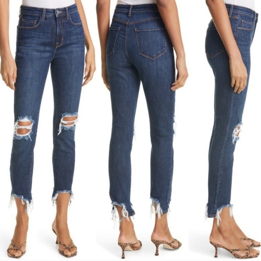 NWT L'Agence "High Line Skinny" Jeans Classic Vintage Stripe Destruct Blue 27 - Picture 2 of 14